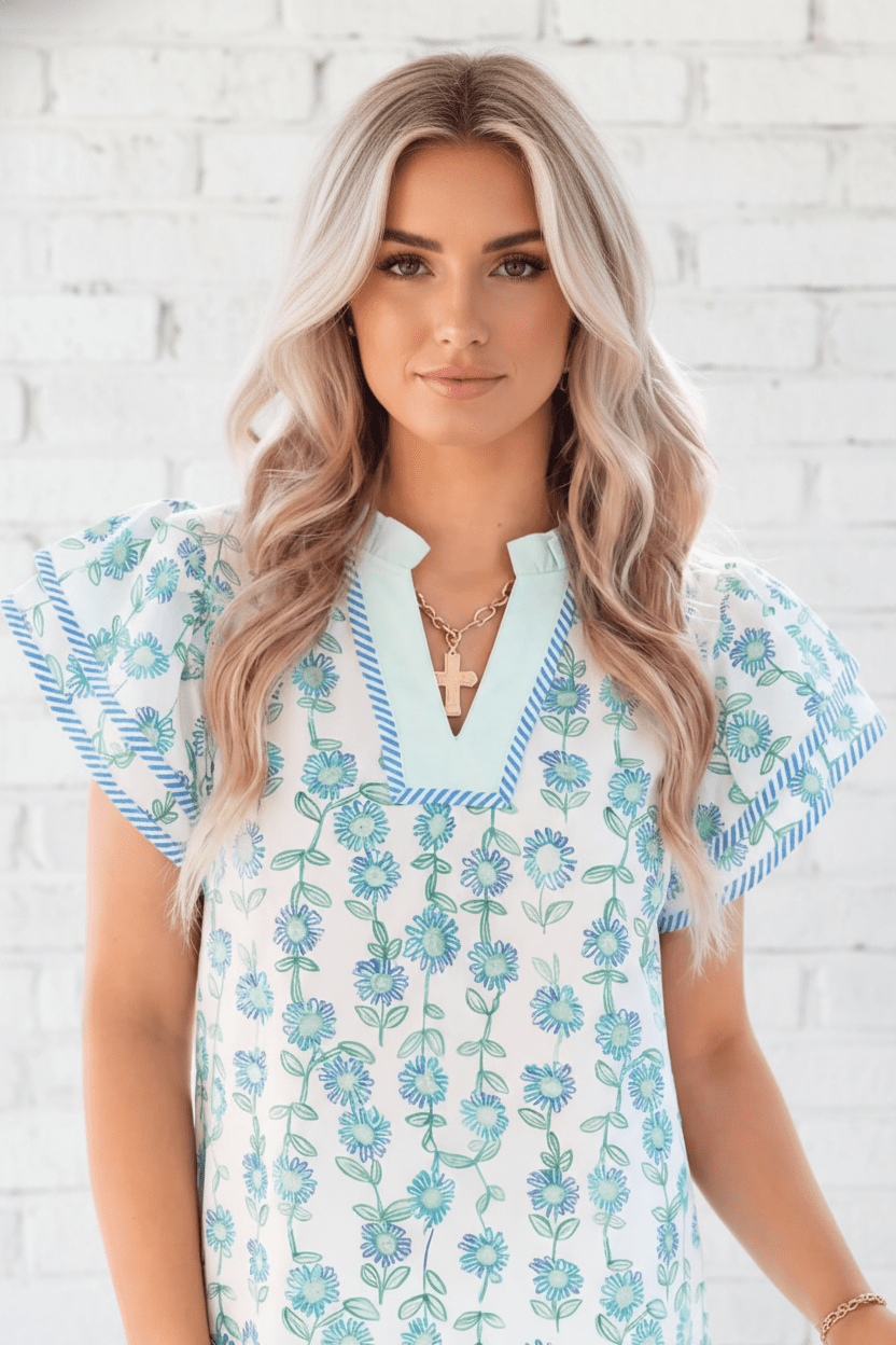 Floral Stripe Detail V-Neck Blouse - Rooted & Reckless Co.