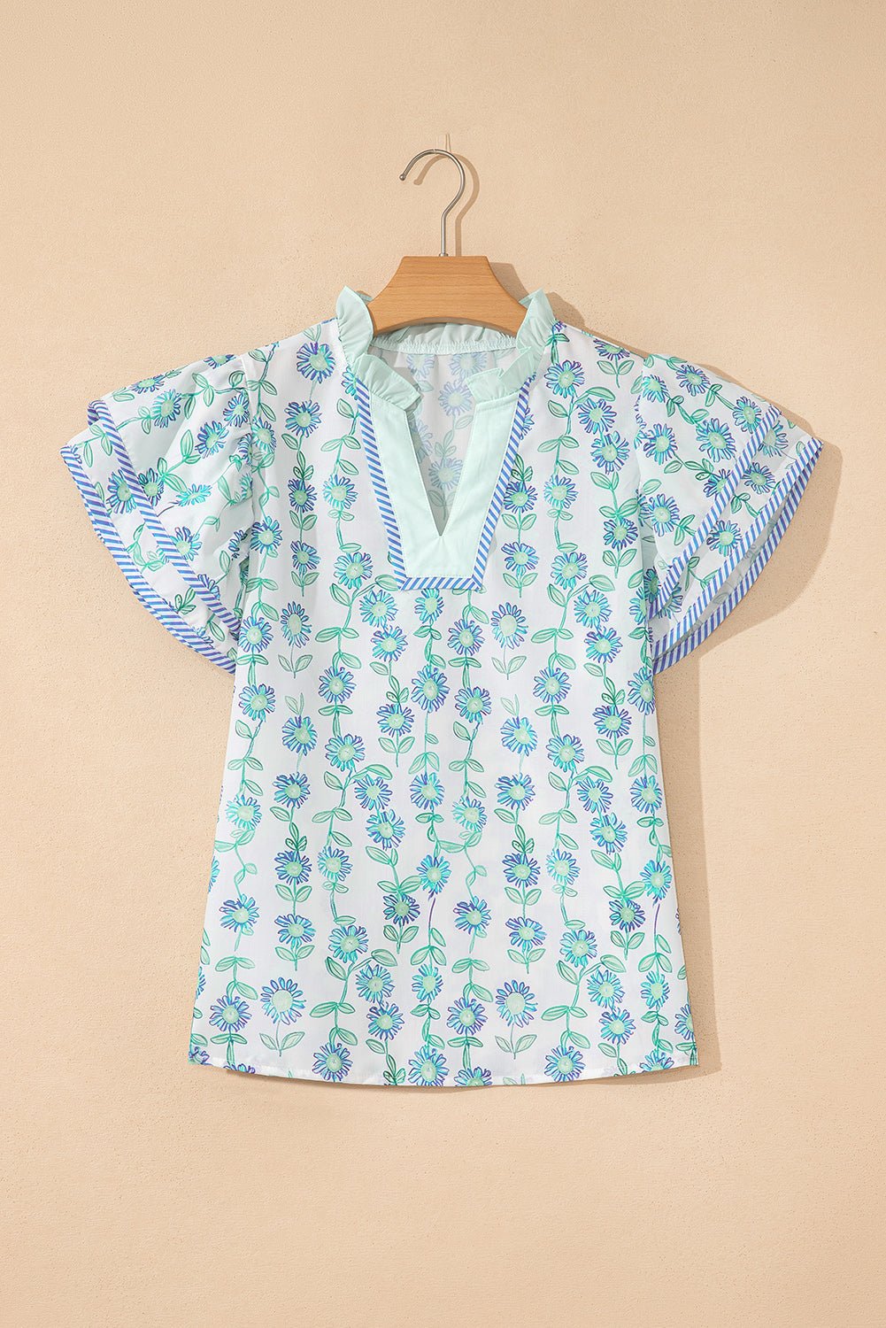 Floral Stripe Detail V-Neck Blouse - Rooted & Reckless Co.