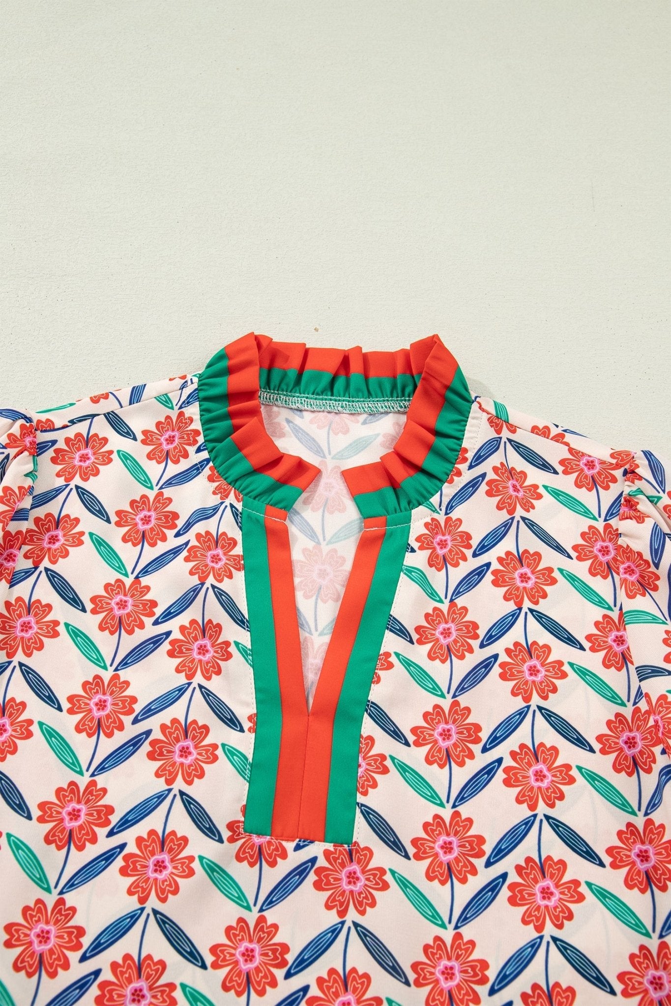 Floral Stripe Detail V-Neck Ruffle Sleeve Blouse - Rooted & Reckless Co.