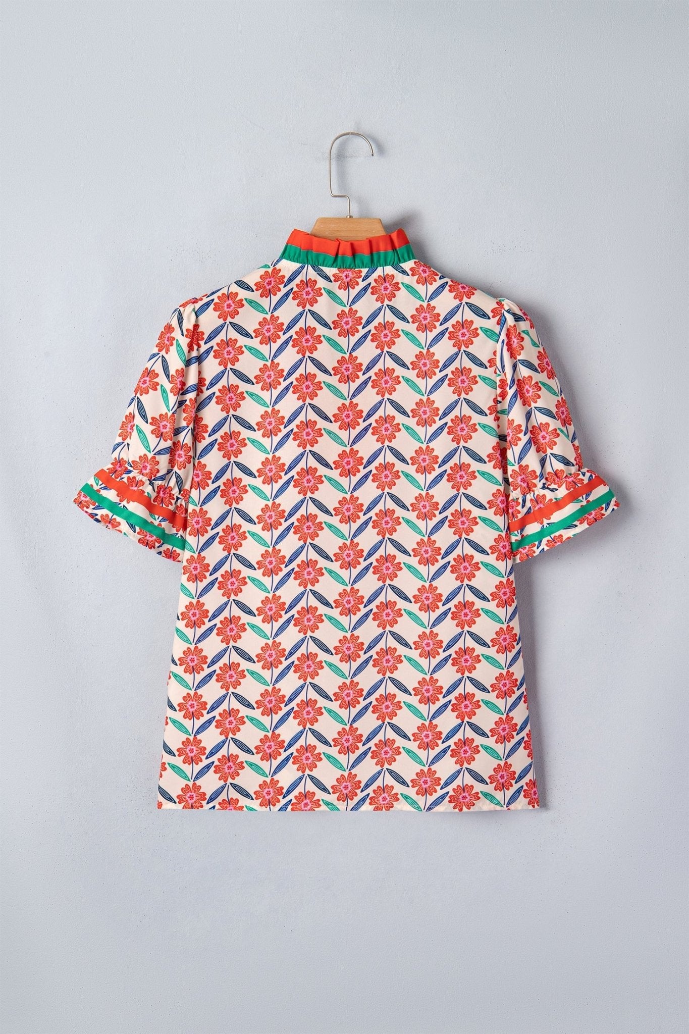 Floral Stripe Detail V-Neck Ruffle Sleeve Blouse - Rooted & Reckless Co.