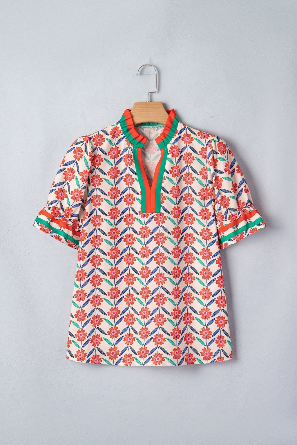Floral Stripe Detail V-Neck Ruffle Sleeve Blouse - Rooted & Reckless Co.