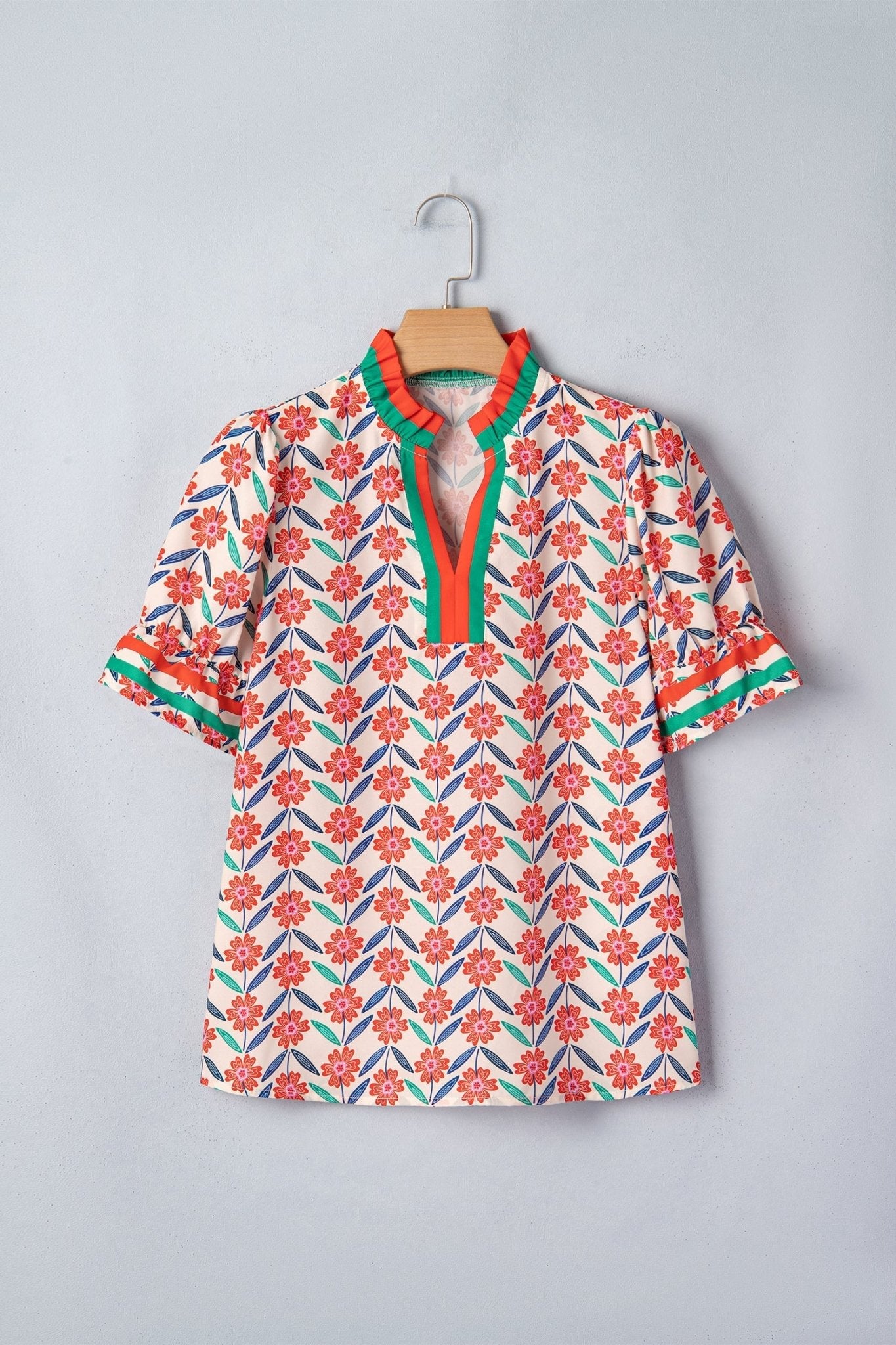Floral Stripe Detail V-Neck Ruffle Sleeve Blouse - Rooted & Reckless Co.