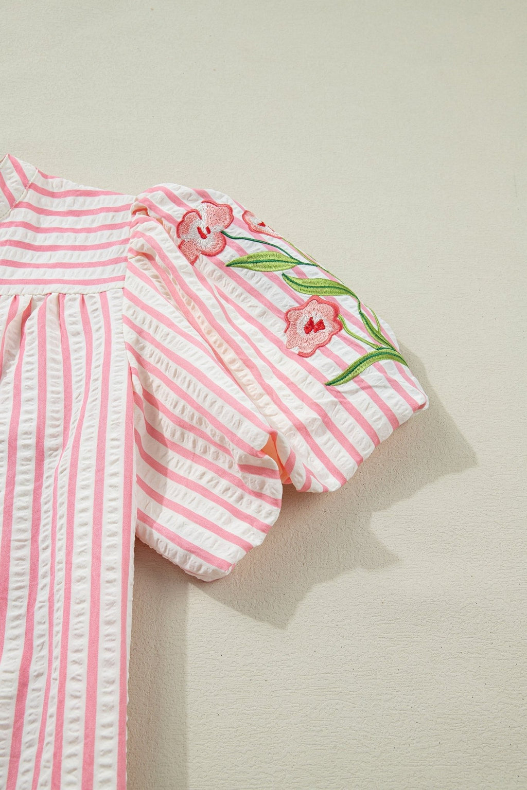 Floral Stripe Embroidered Puff Sleeve V-Neck Blouse - Rooted & Reckless Co.