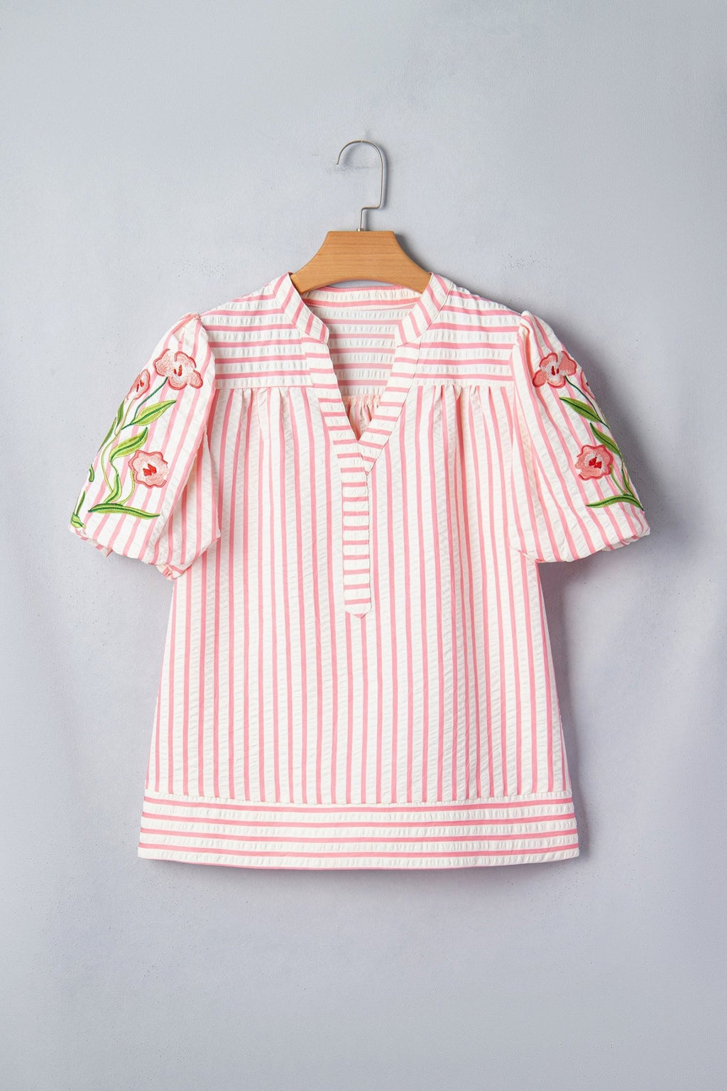 Floral Stripe Embroidered Puff Sleeve V-Neck Blouse - Rooted & Reckless Co.