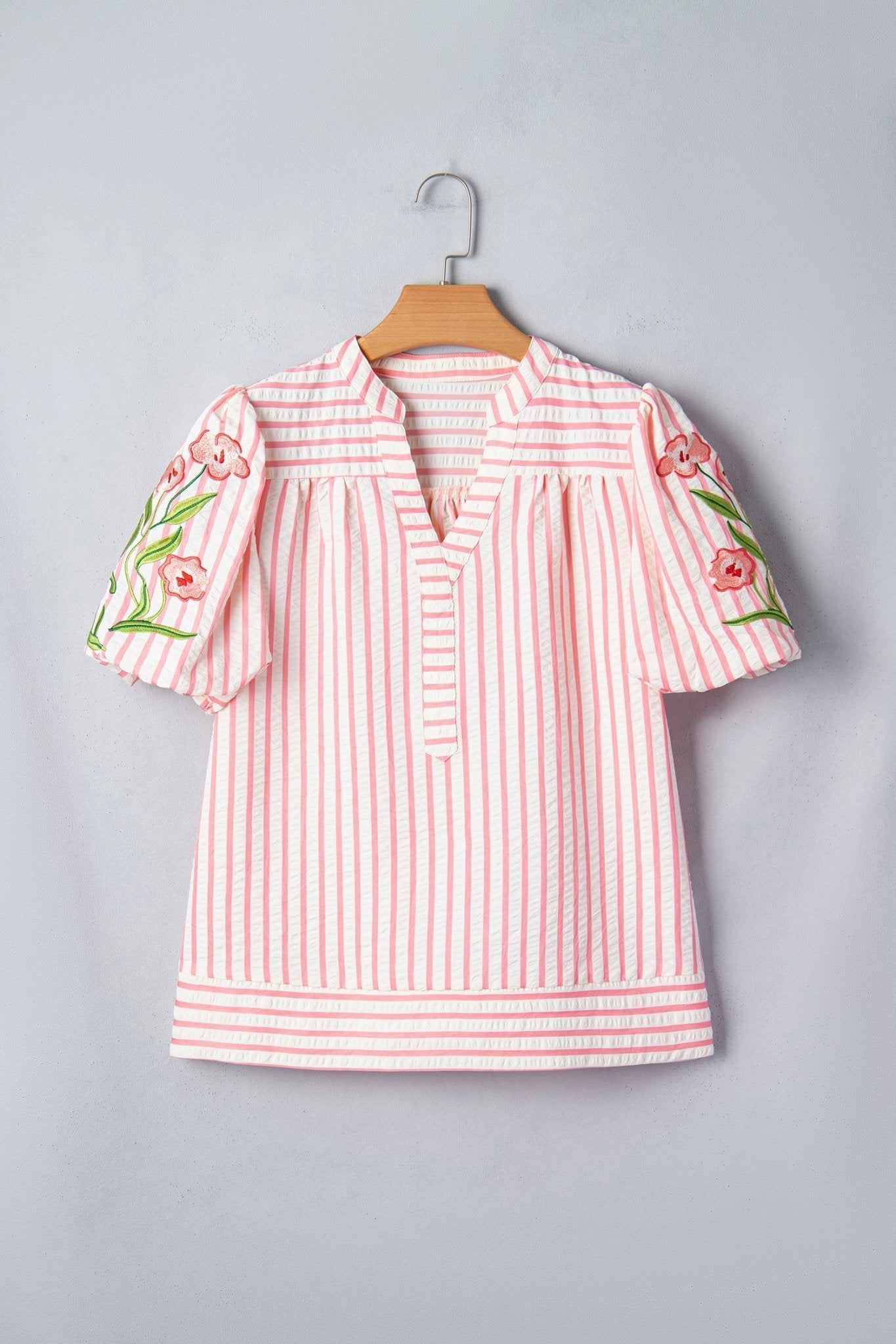 Floral Stripe Embroidered Puff Sleeve V-Neck Blouse - Rooted & Reckless Co.
