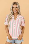 Floral Stripe Embroidered Puff Sleeve V-Neck Blouse - Rooted & Reckless Co.