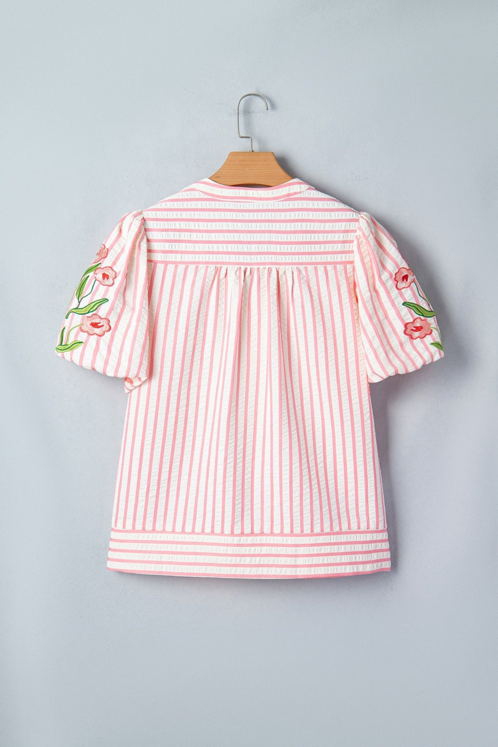 Floral Stripe Embroidered Puff Sleeve V-Neck Blouse - Rooted & Reckless Co.