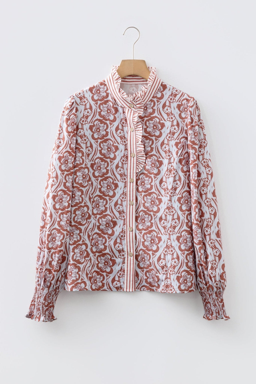 Floral Stripe Frilled Trim Long Sleeve Shirt - Rooted & Reckless Co.