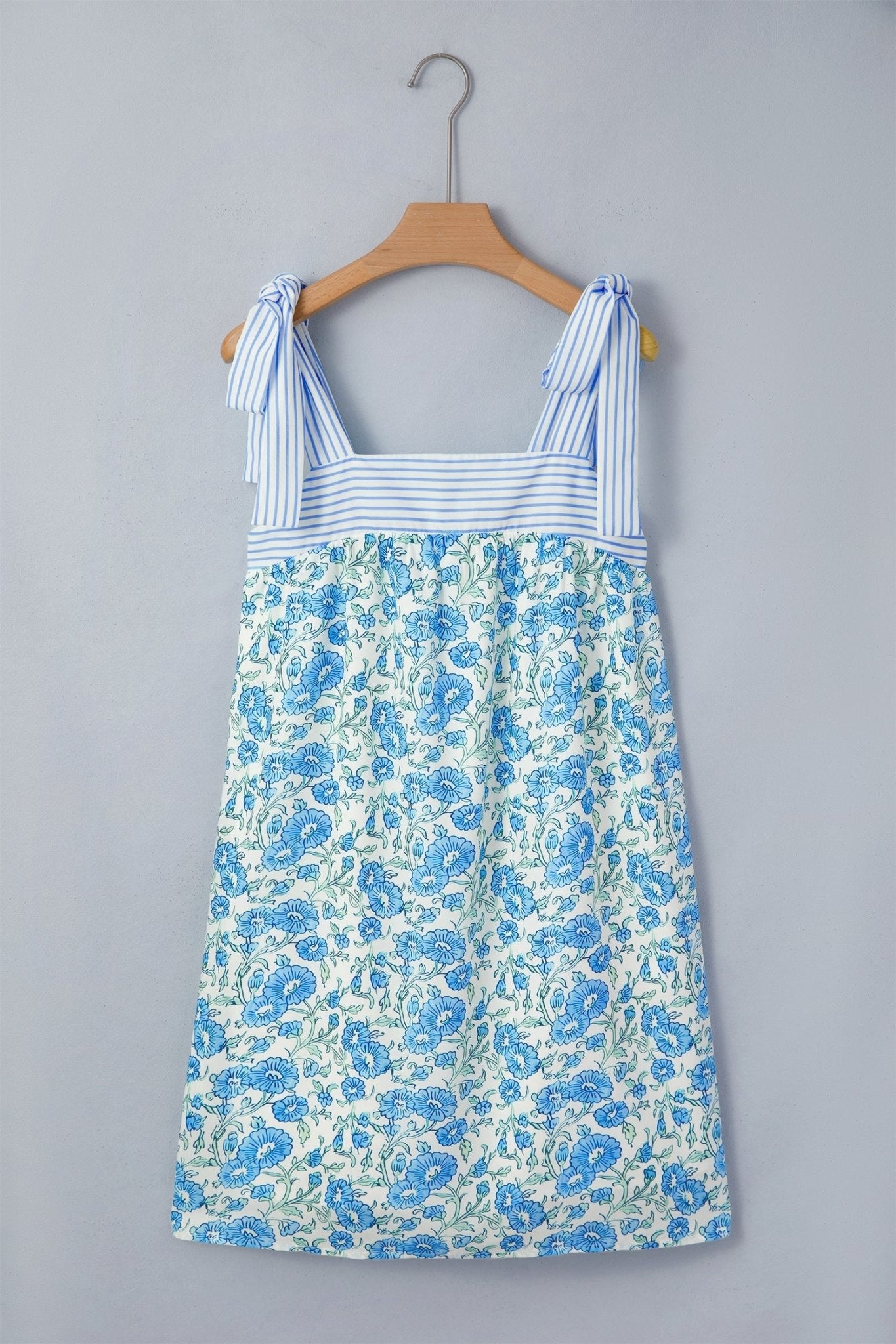 Floral Stripe Patchwork Bow Tie Strap Dress - Rooted & Reckless Co.