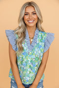 Floral Stripe Patchwork Flutter Sleeve V-Neck Blouse - Rooted & Reckless Co.