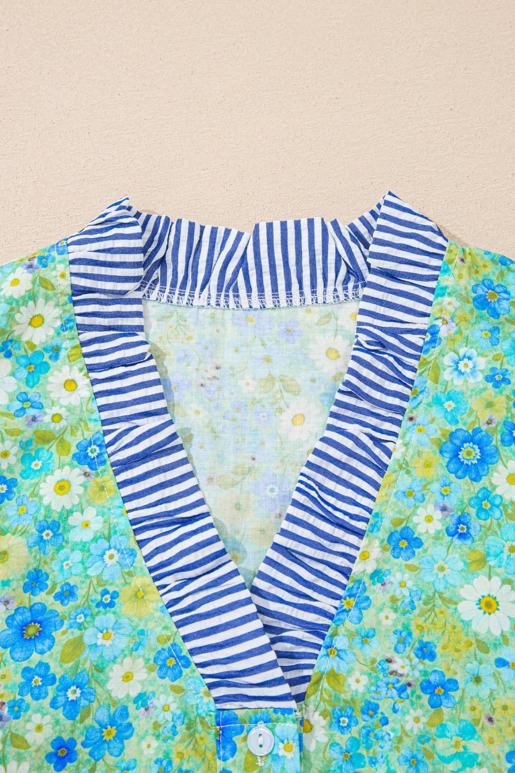 Floral Stripe Patchwork Flutter Sleeve V-Neck Blouse - Rooted & Reckless Co.