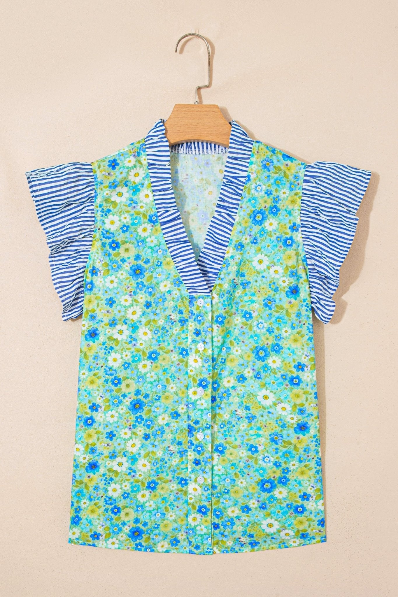 Floral Stripe Patchwork Flutter Sleeve V-Neck Blouse - Rooted & Reckless Co.