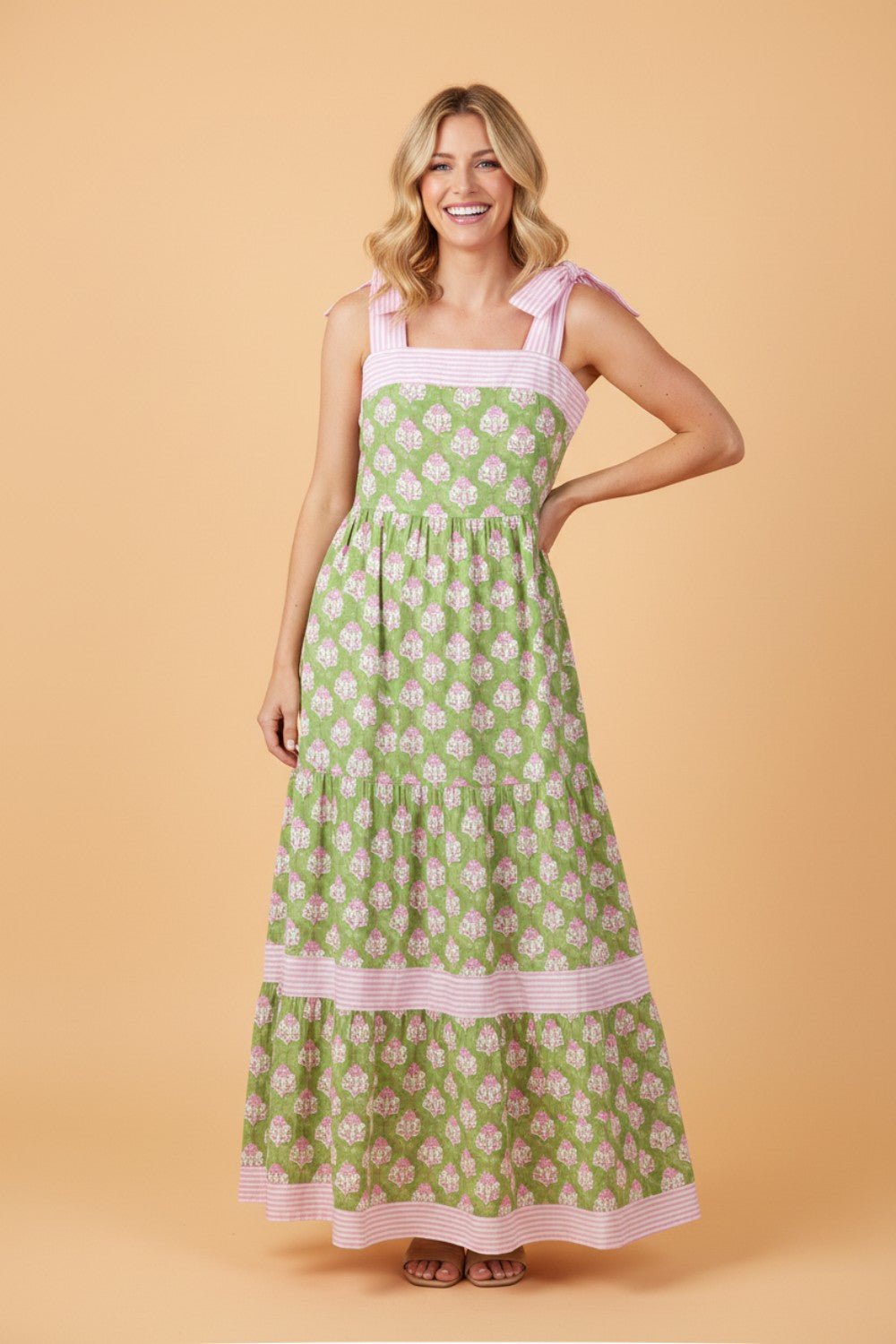Floral Stripe Patchwork Knot Strap Maxi Dress - Rooted & Reckless Co.