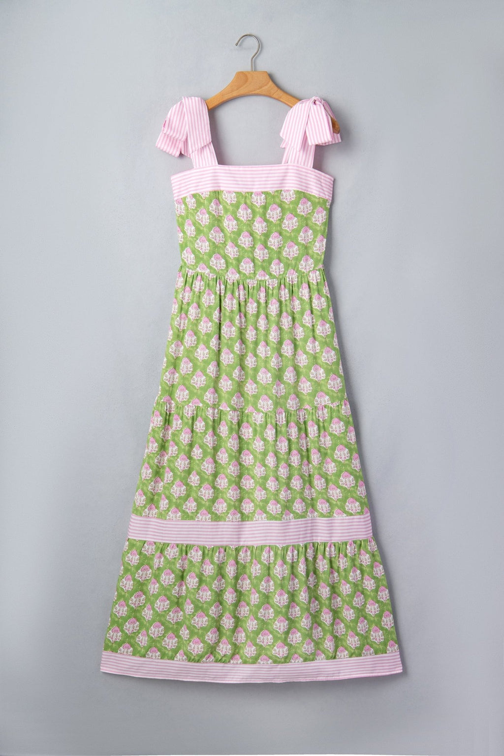 Floral Stripe Patchwork Knot Strap Maxi Dress - Rooted & Reckless Co.