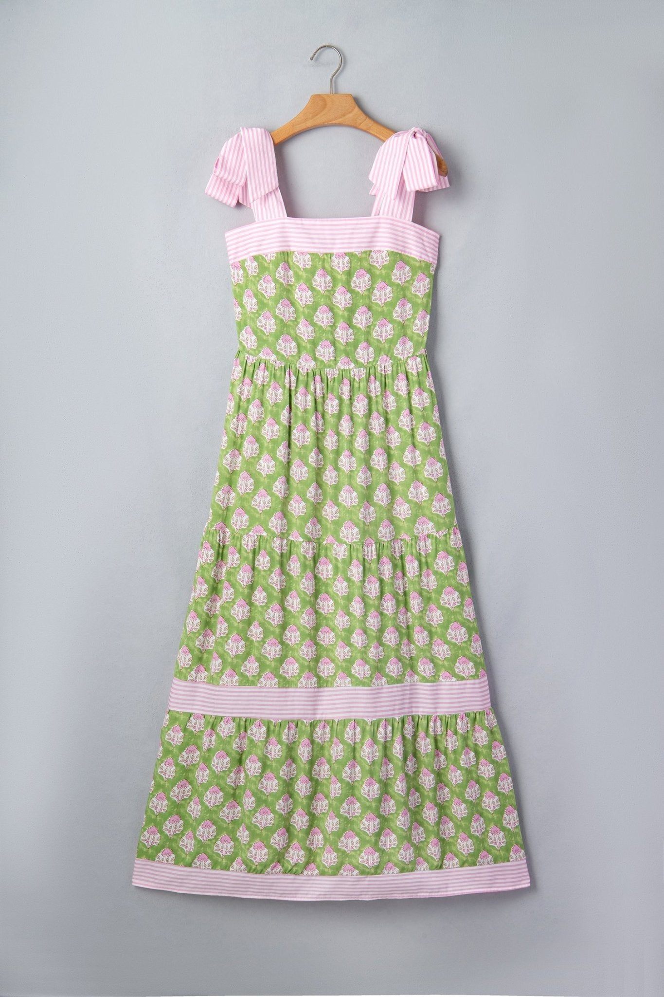 Floral Stripe Patchwork Knot Strap Maxi Dress - Rooted & Reckless Co.