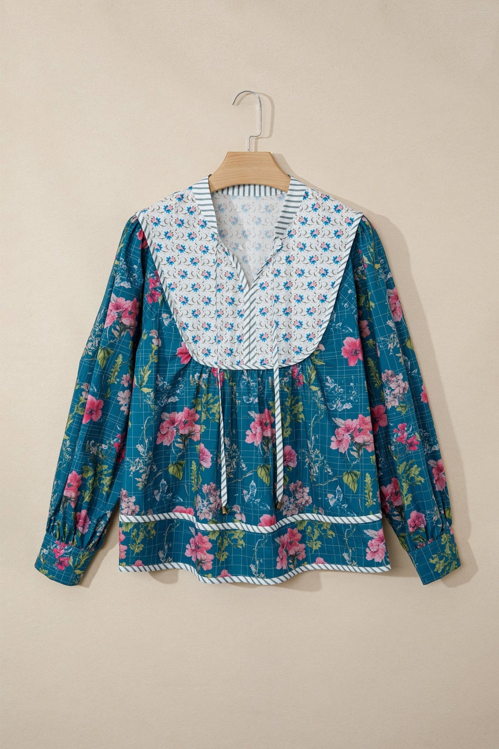 Floral Stripe Patchwork Long Puff Sleeve Blouse - Rooted & Reckless Co.
