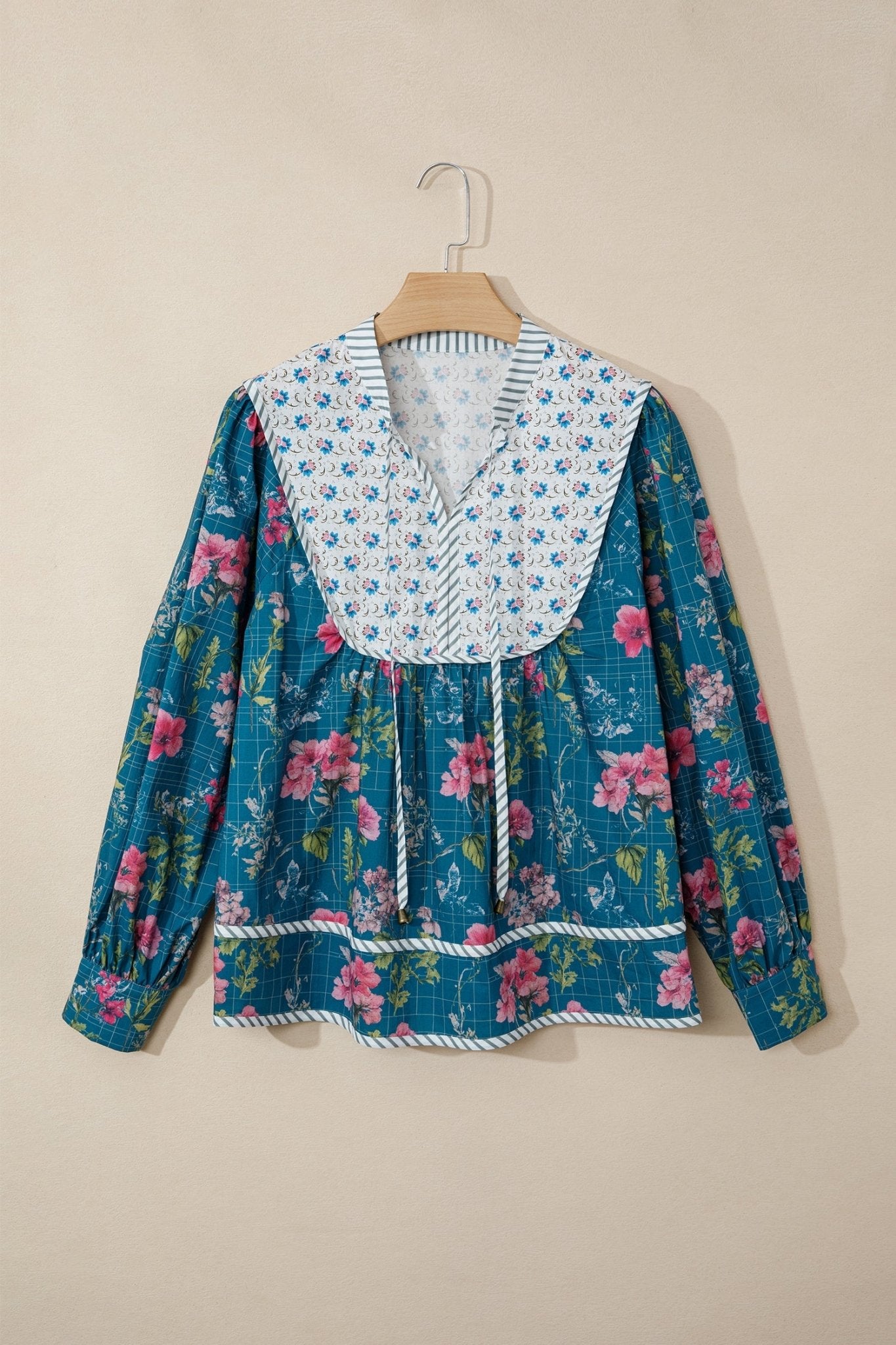 Floral Stripe Patchwork Long Puff Sleeve Blouse - Rooted & Reckless Co.