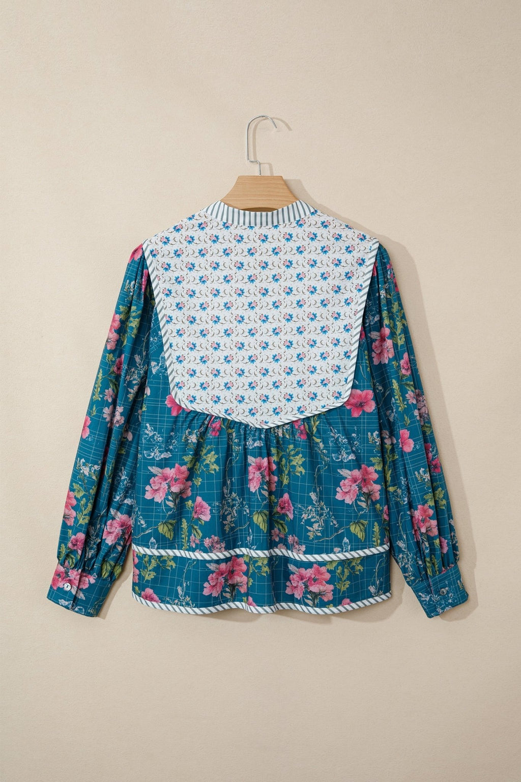 Floral Stripe Patchwork Long Puff Sleeve Blouse - Rooted & Reckless Co.