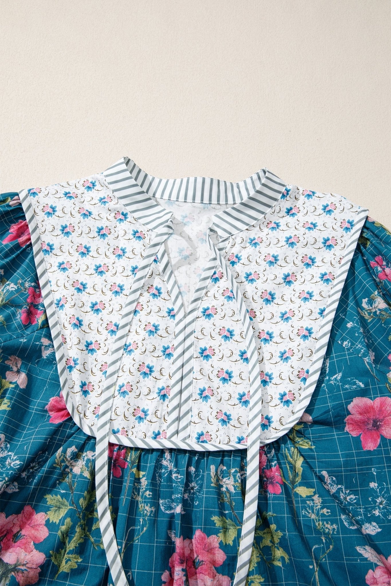 Floral Stripe Patchwork Long Puff Sleeve Blouse - Rooted & Reckless Co.