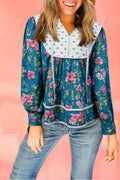 Floral Stripe Patchwork Long Puff Sleeve Blouse - Rooted & Reckless Co.