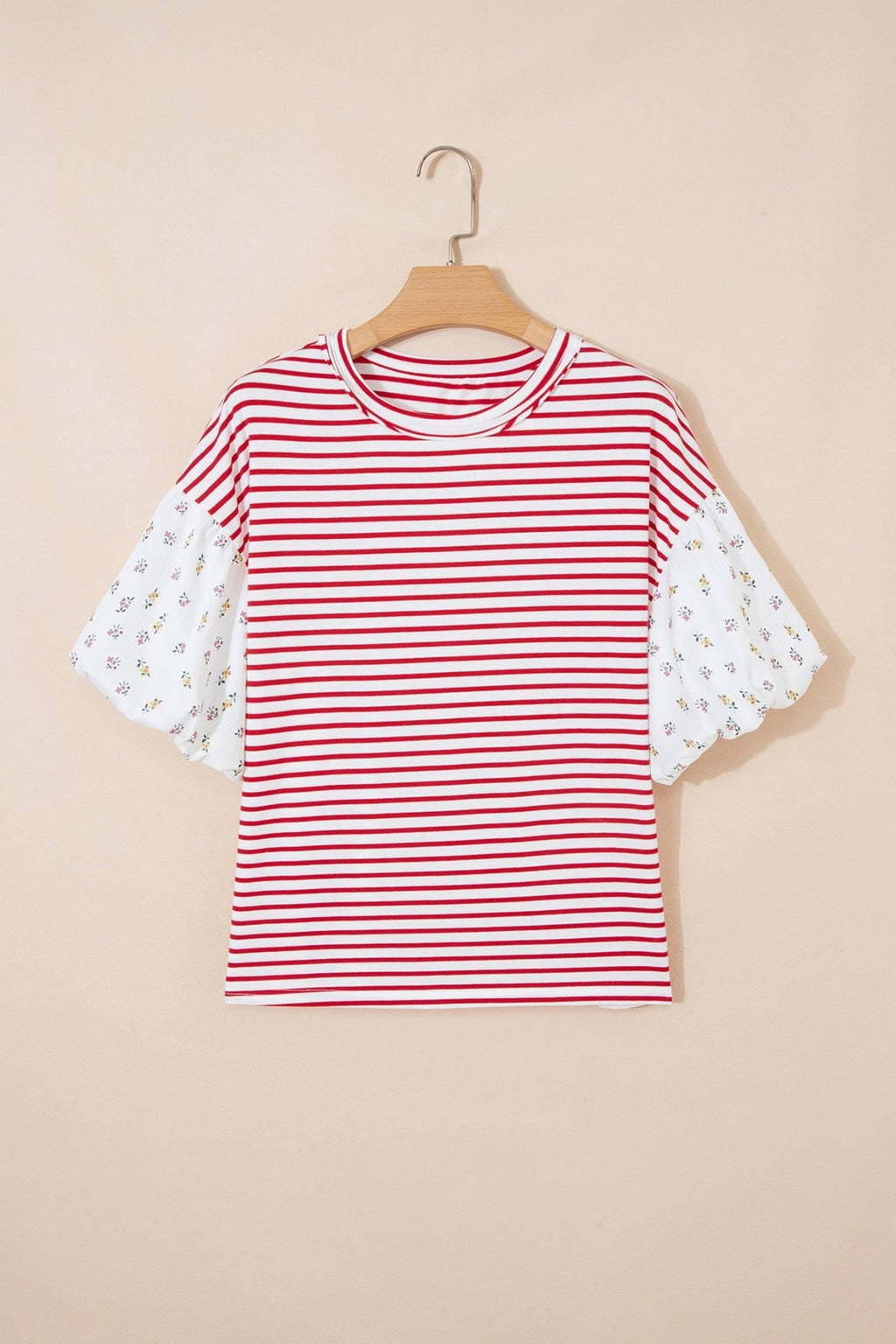 Floral Stripe Patchwork Puff Sleeve Round Neck Top - Rooted & Reckless Co.