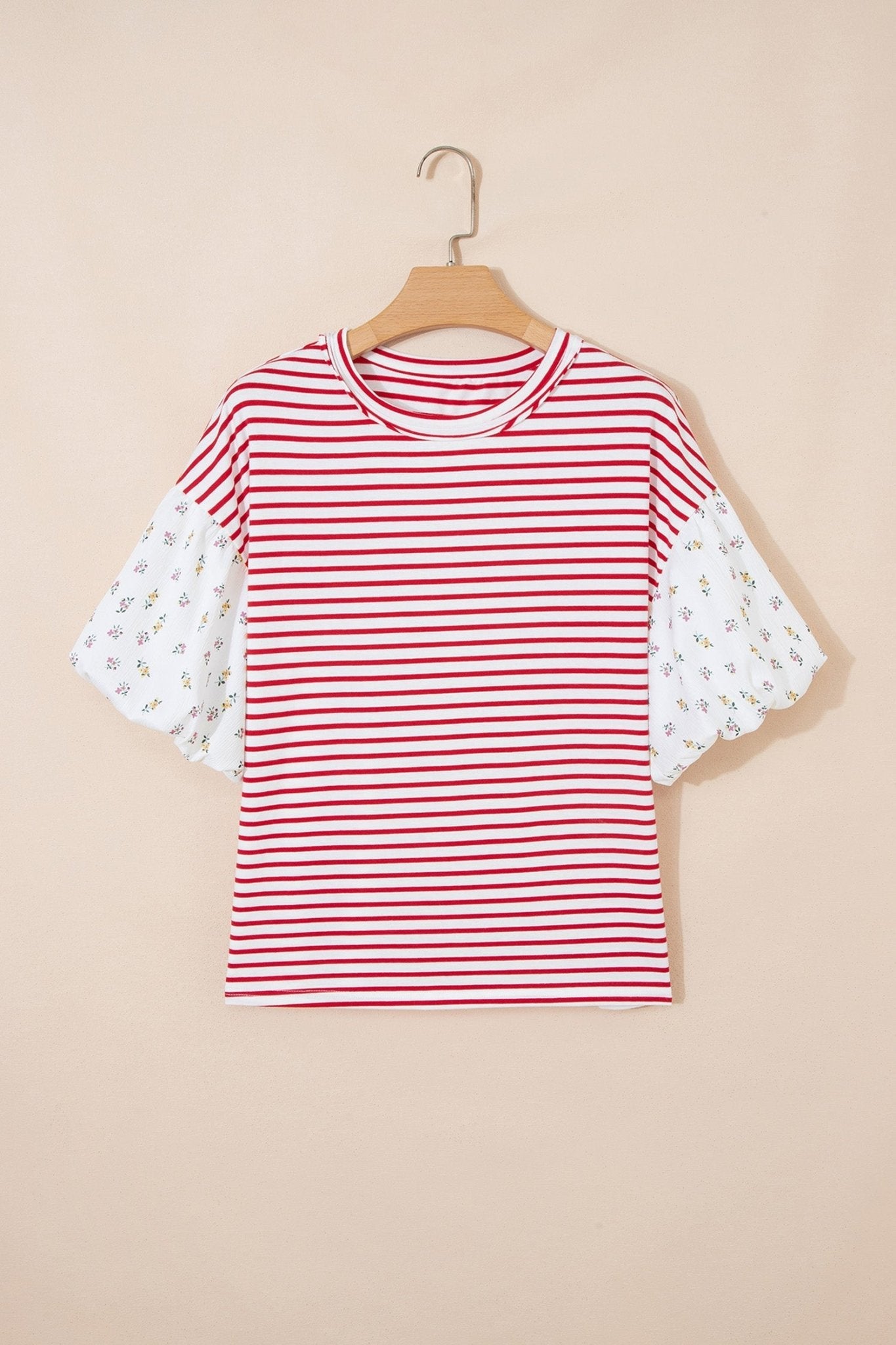 Floral Stripe Patchwork Puff Sleeve Round Neck Top - Rooted & Reckless Co.