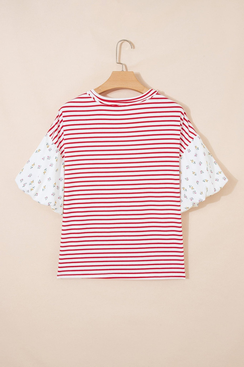 Floral Stripe Patchwork Puff Sleeve Round Neck Top - Rooted & Reckless Co.