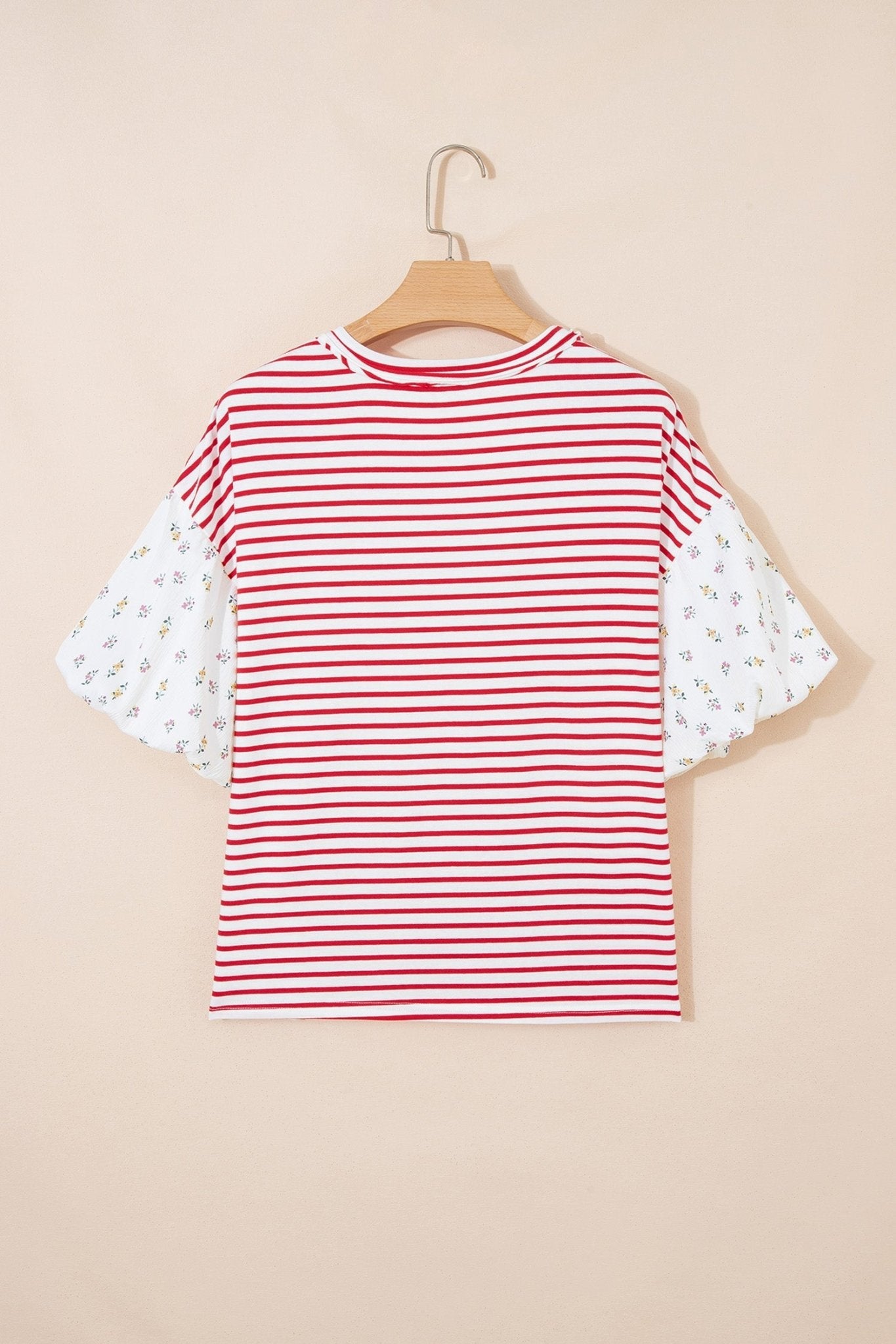 Floral Stripe Patchwork Puff Sleeve Round Neck Top - Rooted & Reckless Co.