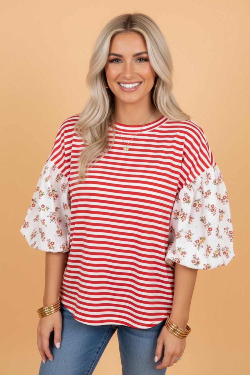 Floral Stripe Patchwork Puff Sleeve Round Neck Top - Rooted & Reckless Co.