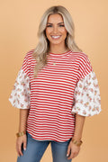 Floral Stripe Patchwork Puff Sleeve Round Neck Top - Rooted & Reckless Co.