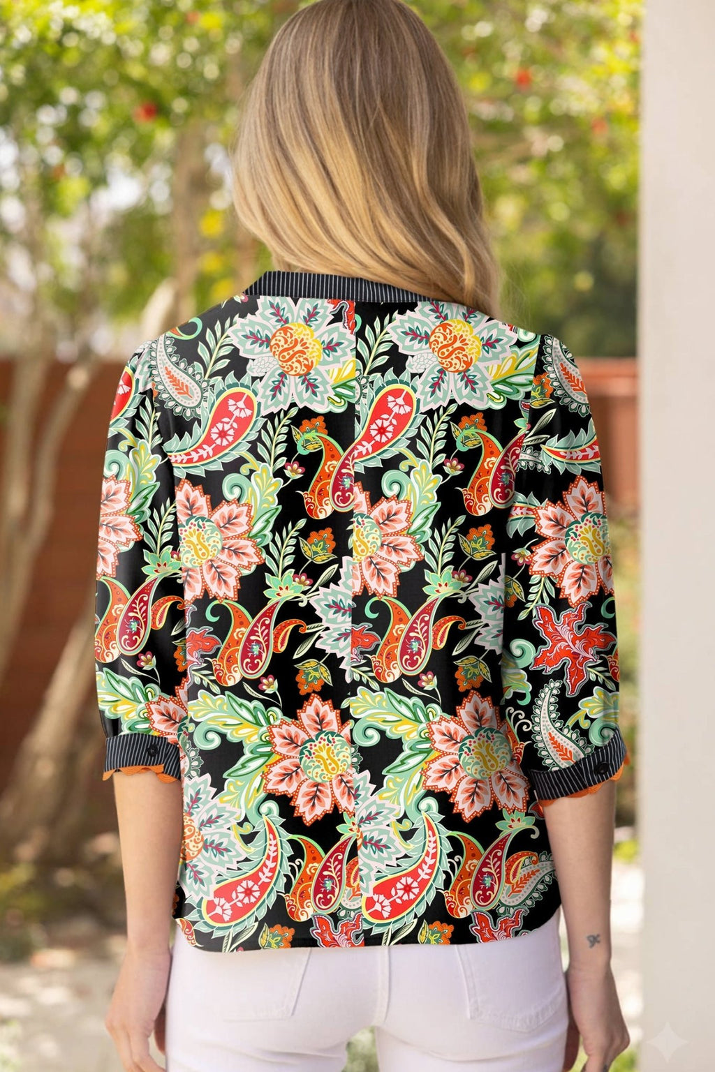 Floral Stripe Patchwork Ricrac Trim Blouse - Rooted & Reckless Co.