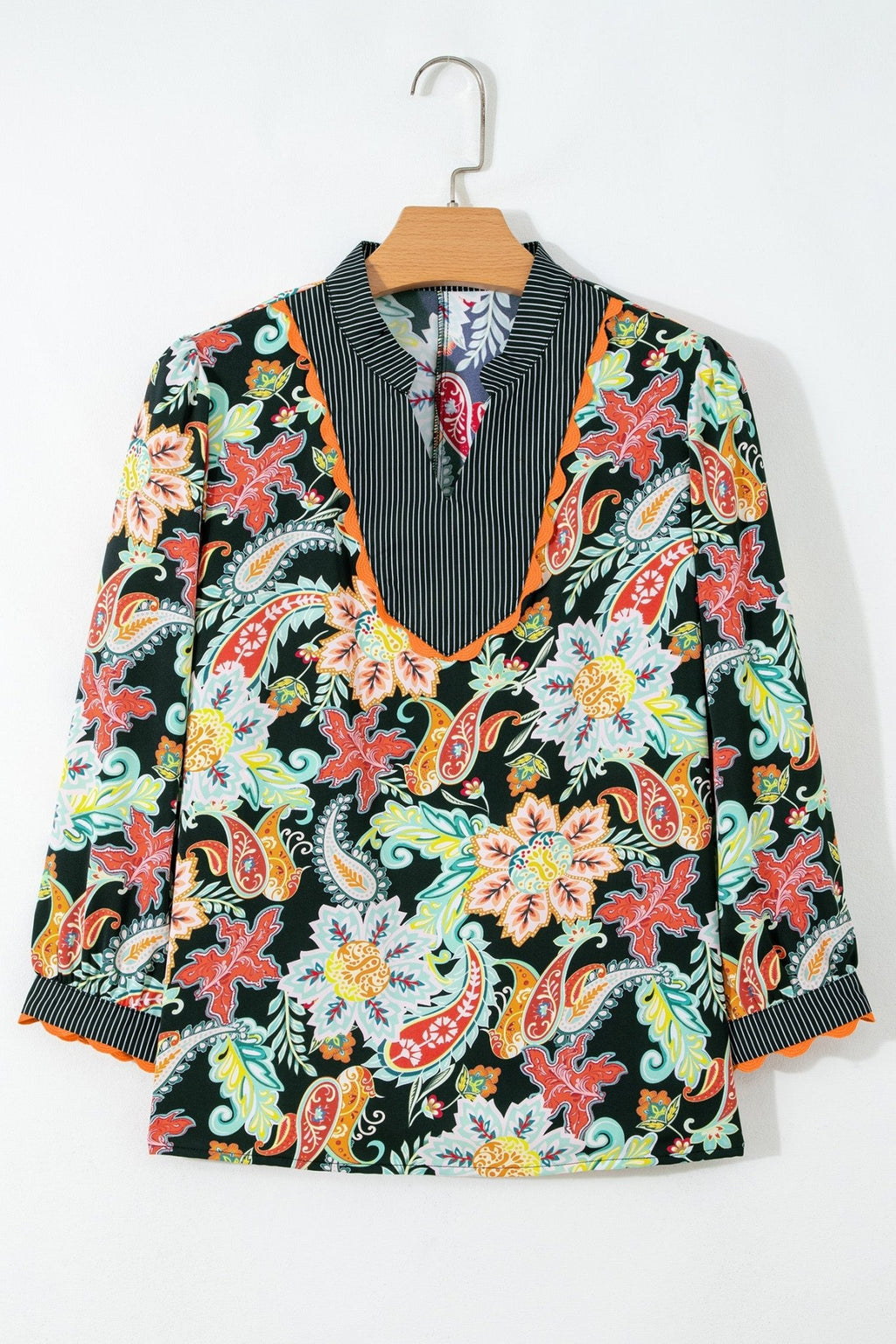 Floral Stripe Patchwork Ricrac Trim Blouse - Rooted & Reckless Co.