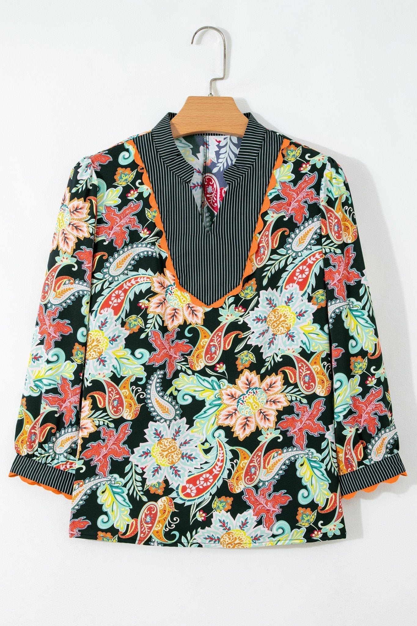 Floral Stripe Patchwork Ricrac Trim Blouse - Rooted & Reckless Co.
