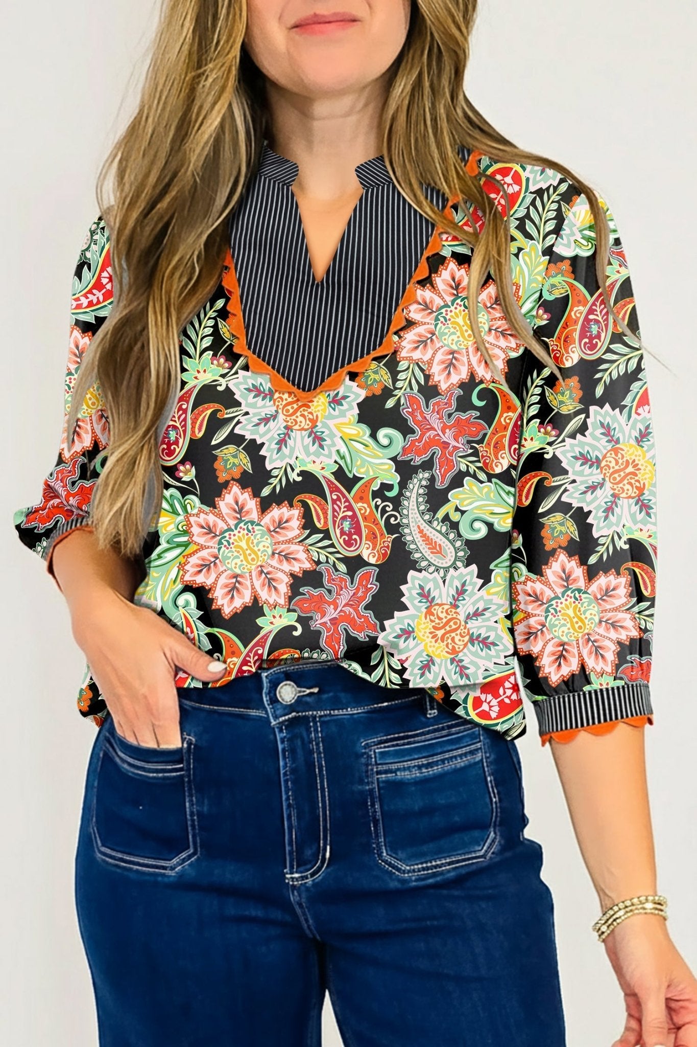 Floral Stripe Patchwork Ricrac Trim Blouse - Rooted & Reckless Co.