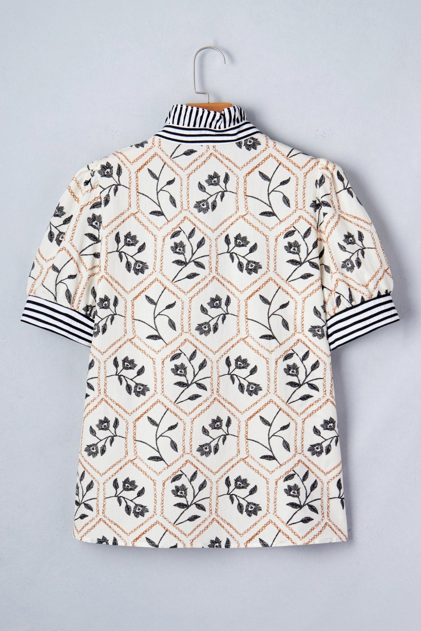 Floral Stripe Patchwork Ruffle Buttoned Short Sleeve Blouse - Rooted & Reckless Co.