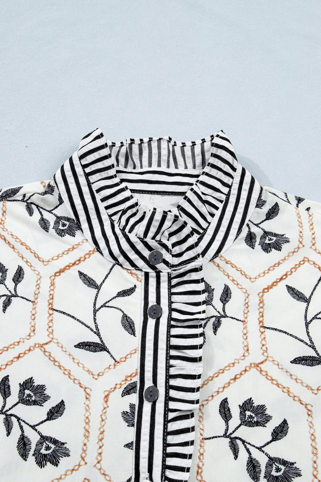 Floral Stripe Patchwork Ruffle Buttoned Short Sleeve Blouse - Rooted & Reckless Co.