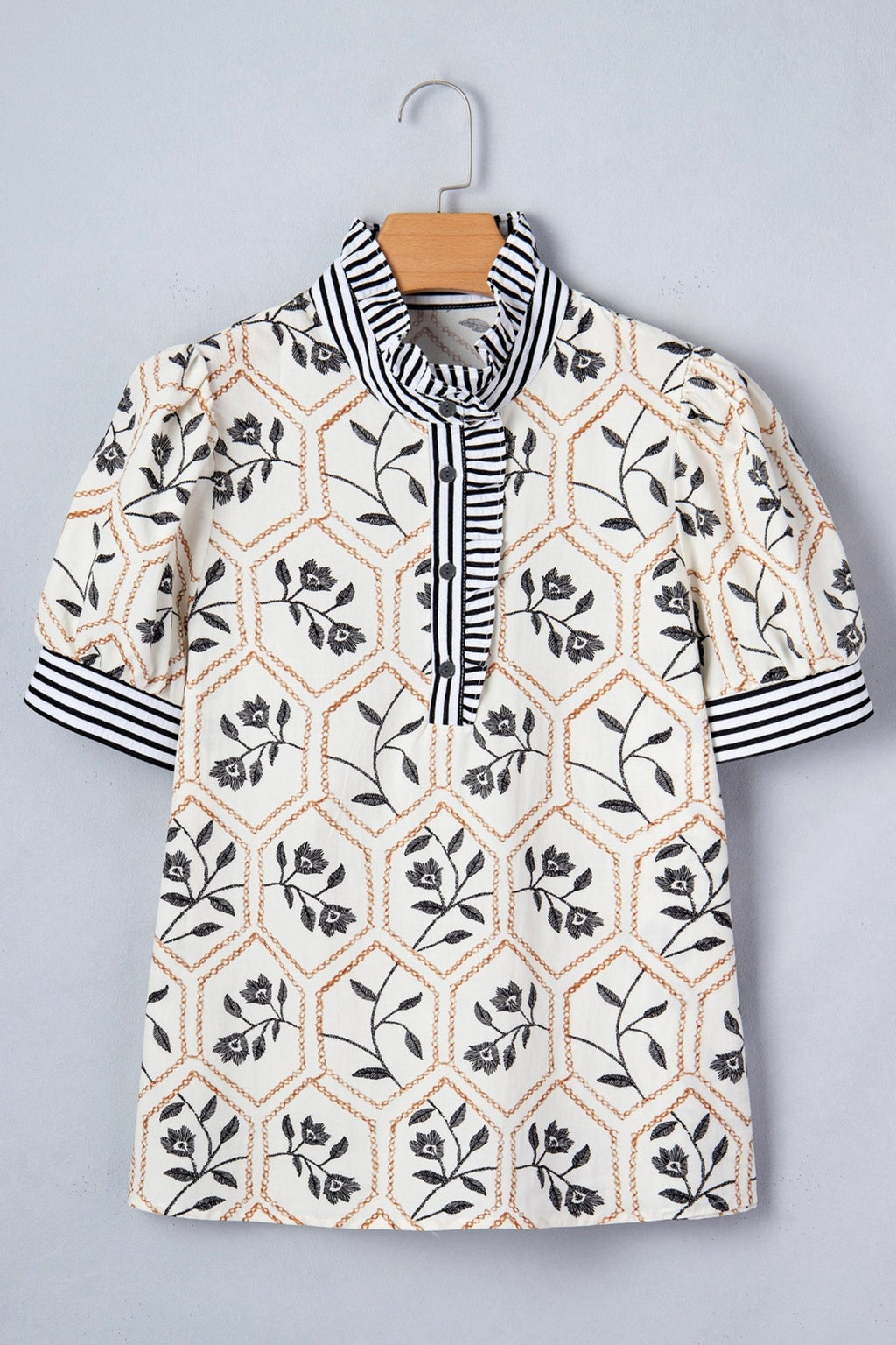 Floral Stripe Patchwork Ruffle Buttoned Short Sleeve Blouse - Rooted & Reckless Co.