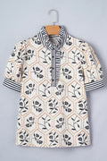 Floral Stripe Patchwork Ruffle Buttoned Short Sleeve Blouse - Rooted & Reckless Co.
