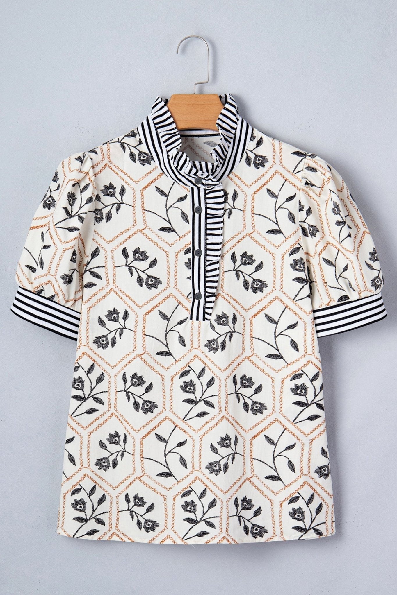 Floral Stripe Patchwork Ruffle Buttoned Short Sleeve Blouse - Rooted & Reckless Co.