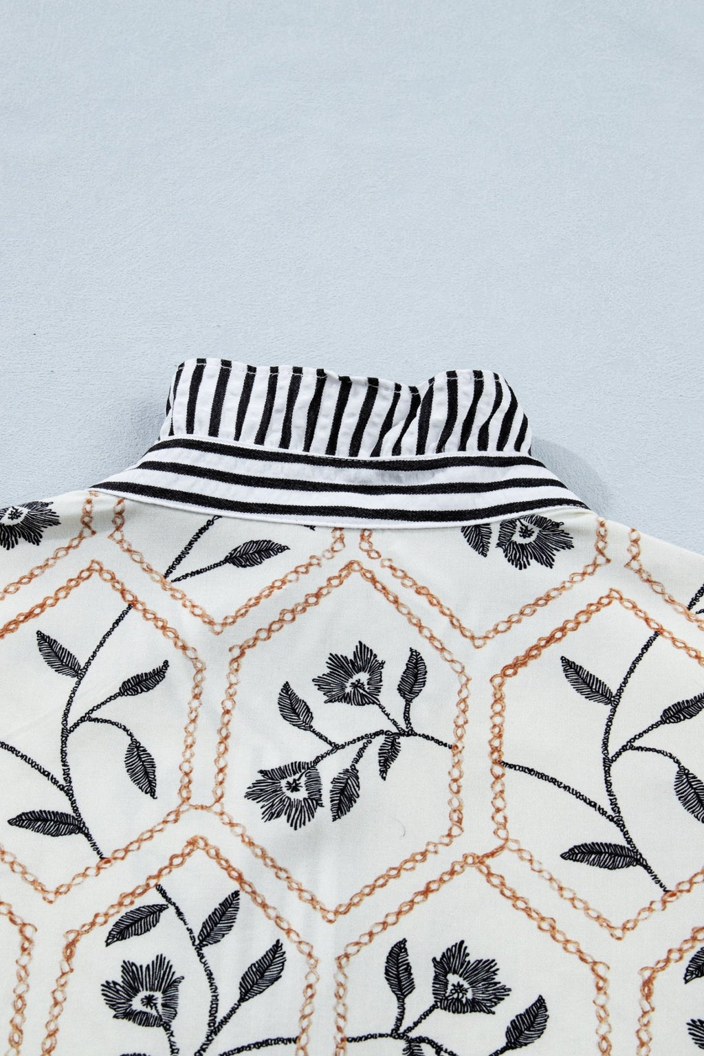 Floral Stripe Patchwork Ruffle Buttoned Short Sleeve Blouse - Rooted & Reckless Co.