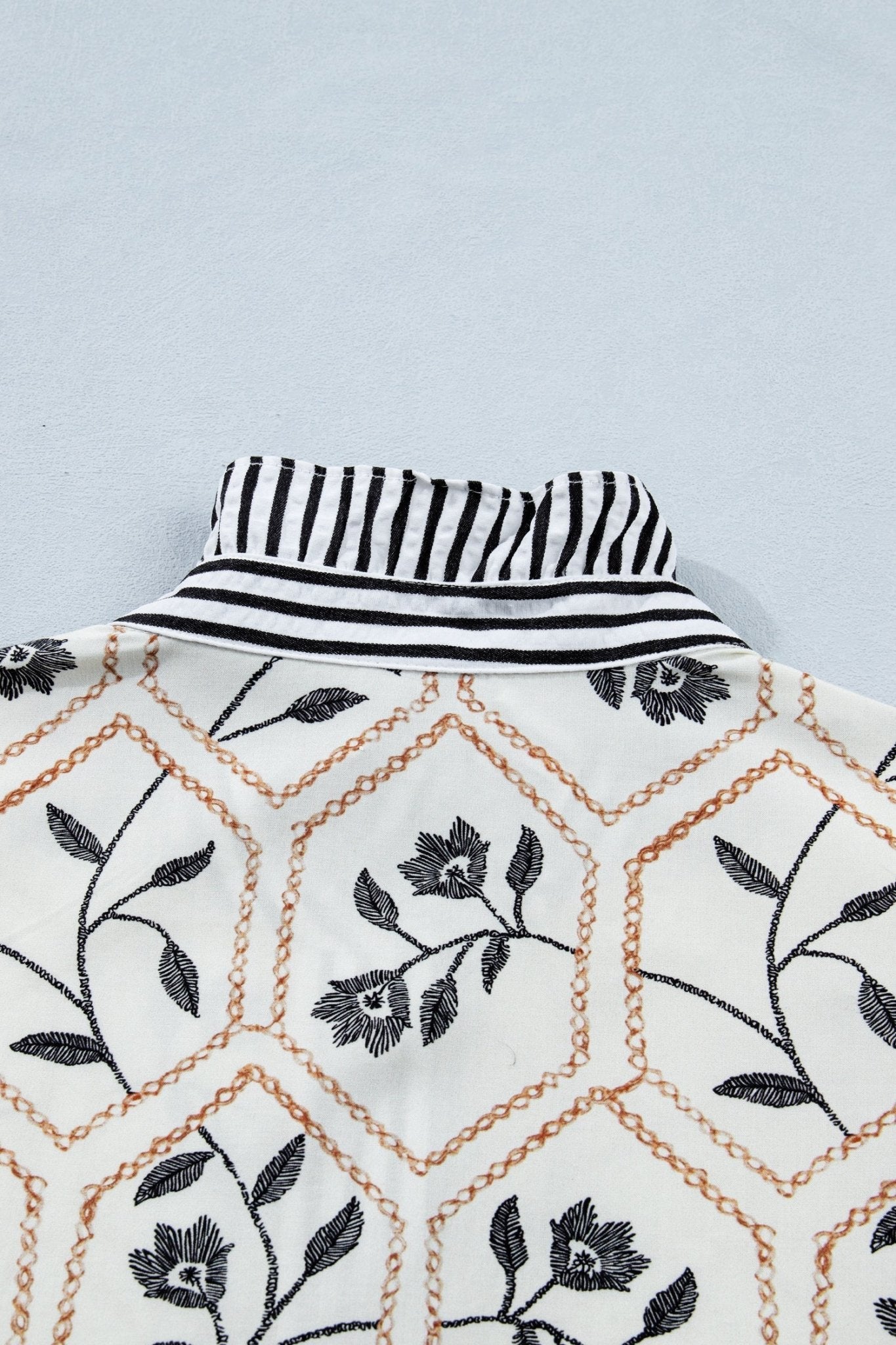 Floral Stripe Patchwork Ruffle Buttoned Short Sleeve Blouse - Rooted & Reckless Co.