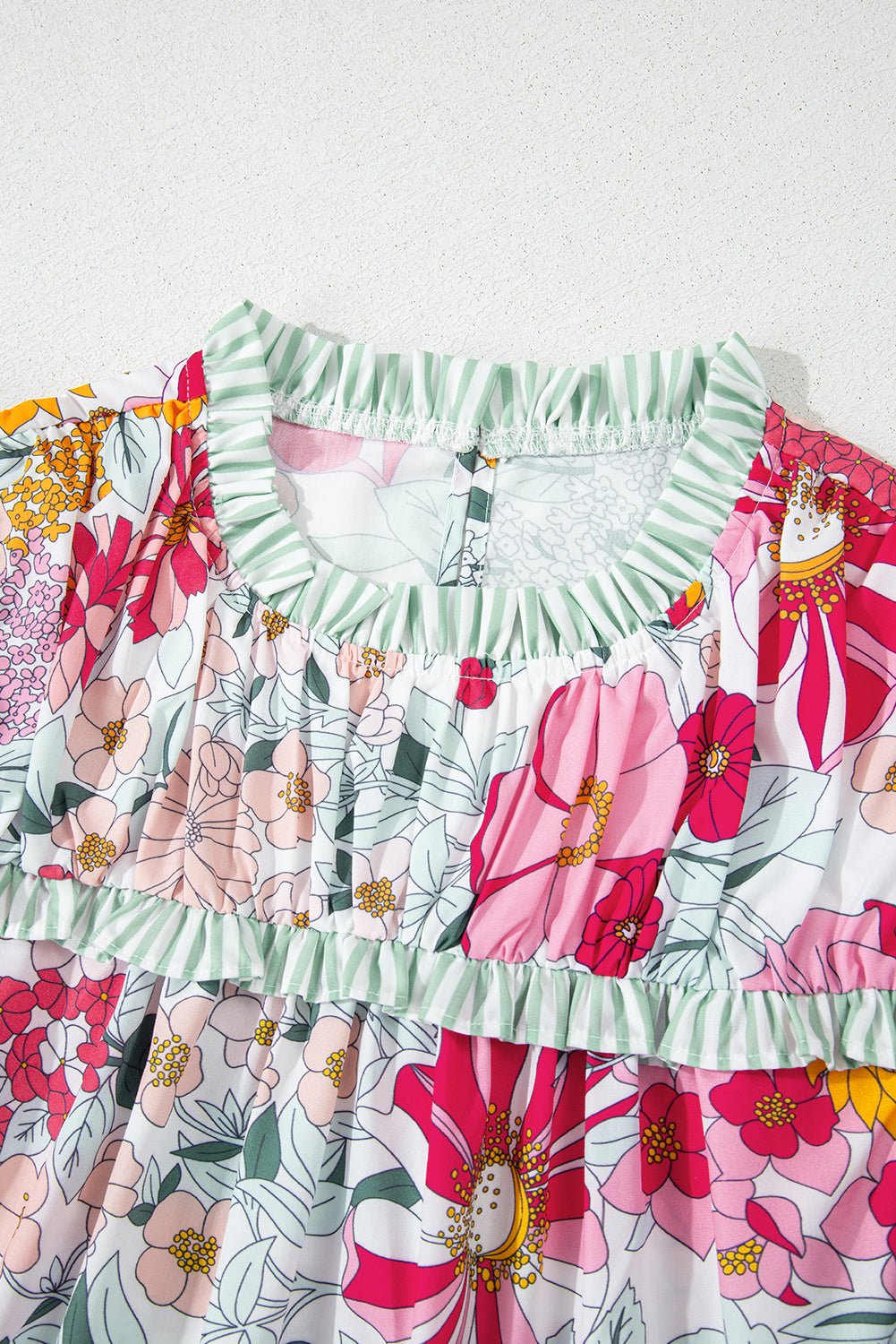 Floral Stripe Patchwork Ruffle Short Sleeve Blouse - Rooted & Reckless Co.