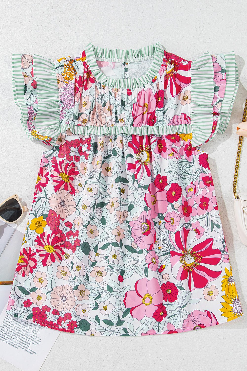 Floral Stripe Patchwork Ruffle Short Sleeve Blouse - Rooted & Reckless Co.