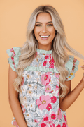 Floral Stripe Patchwork Ruffle Short Sleeve Blouse - Rooted & Reckless Co.
