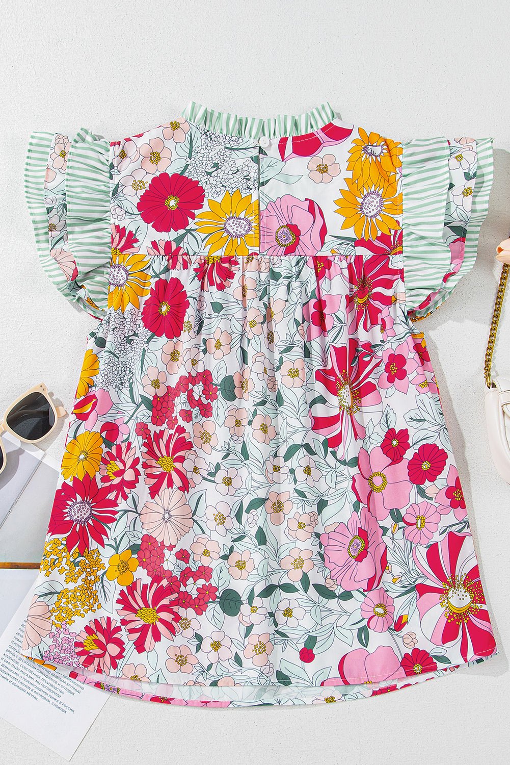 Floral Stripe Patchwork Ruffle Short Sleeve Blouse - Rooted & Reckless Co.