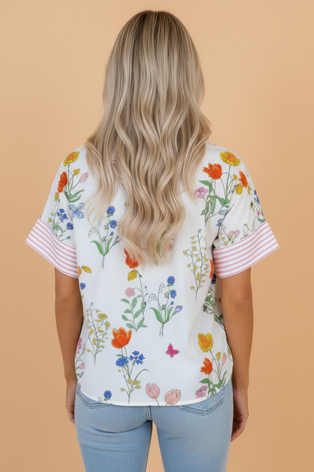 Floral Stripe Patchwork Ruffled Collar Shirt - Rooted & Reckless Co.