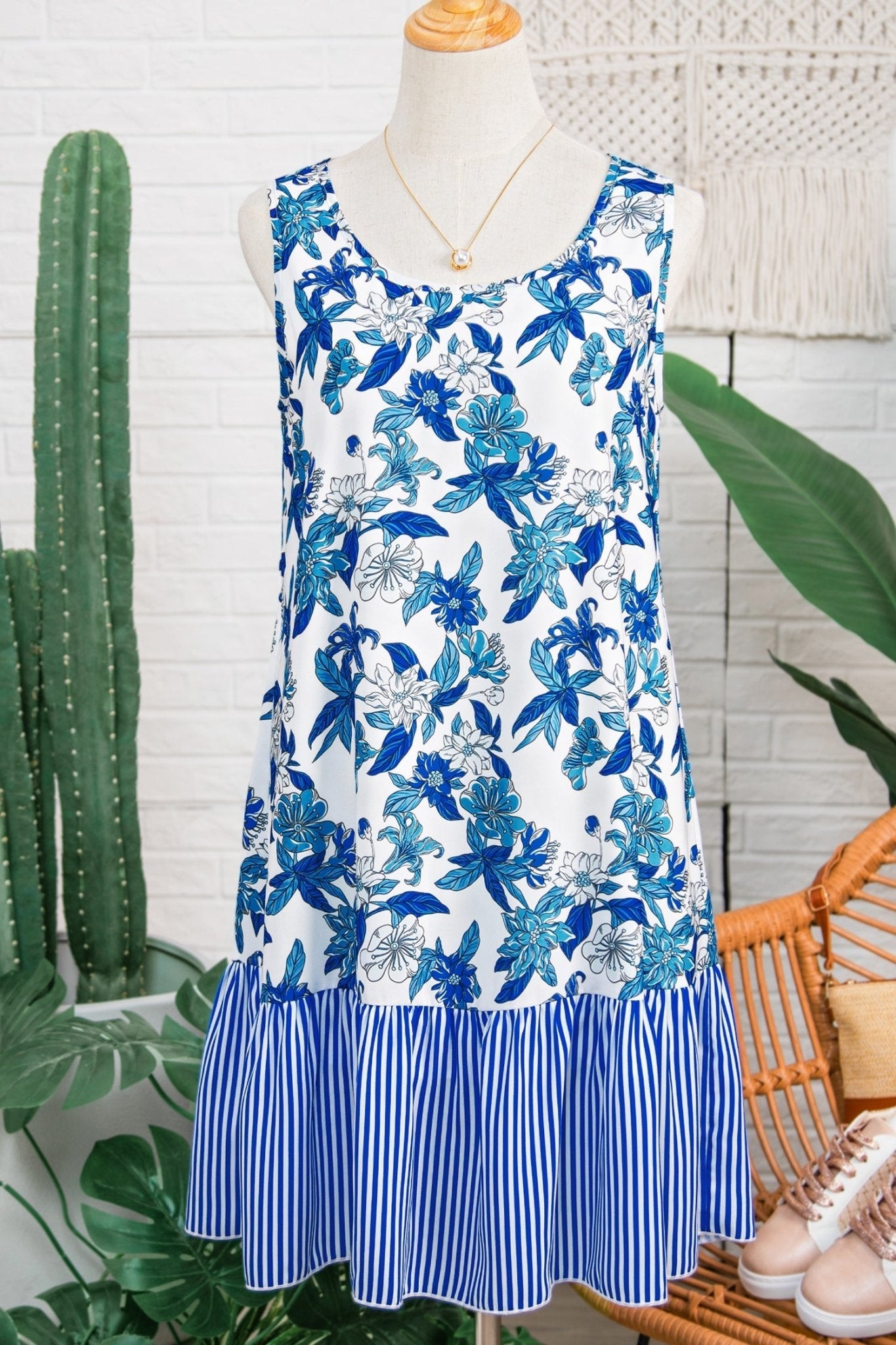 Floral Stripe Patchwork Sleeveless Ruffle Hem Dress - Rooted & Reckless Co.