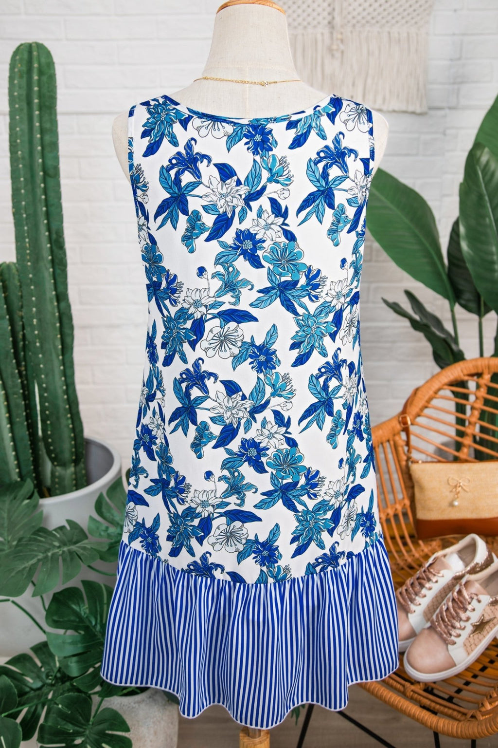 Floral Stripe Patchwork Sleeveless Ruffle Hem Dress - Rooted & Reckless Co.