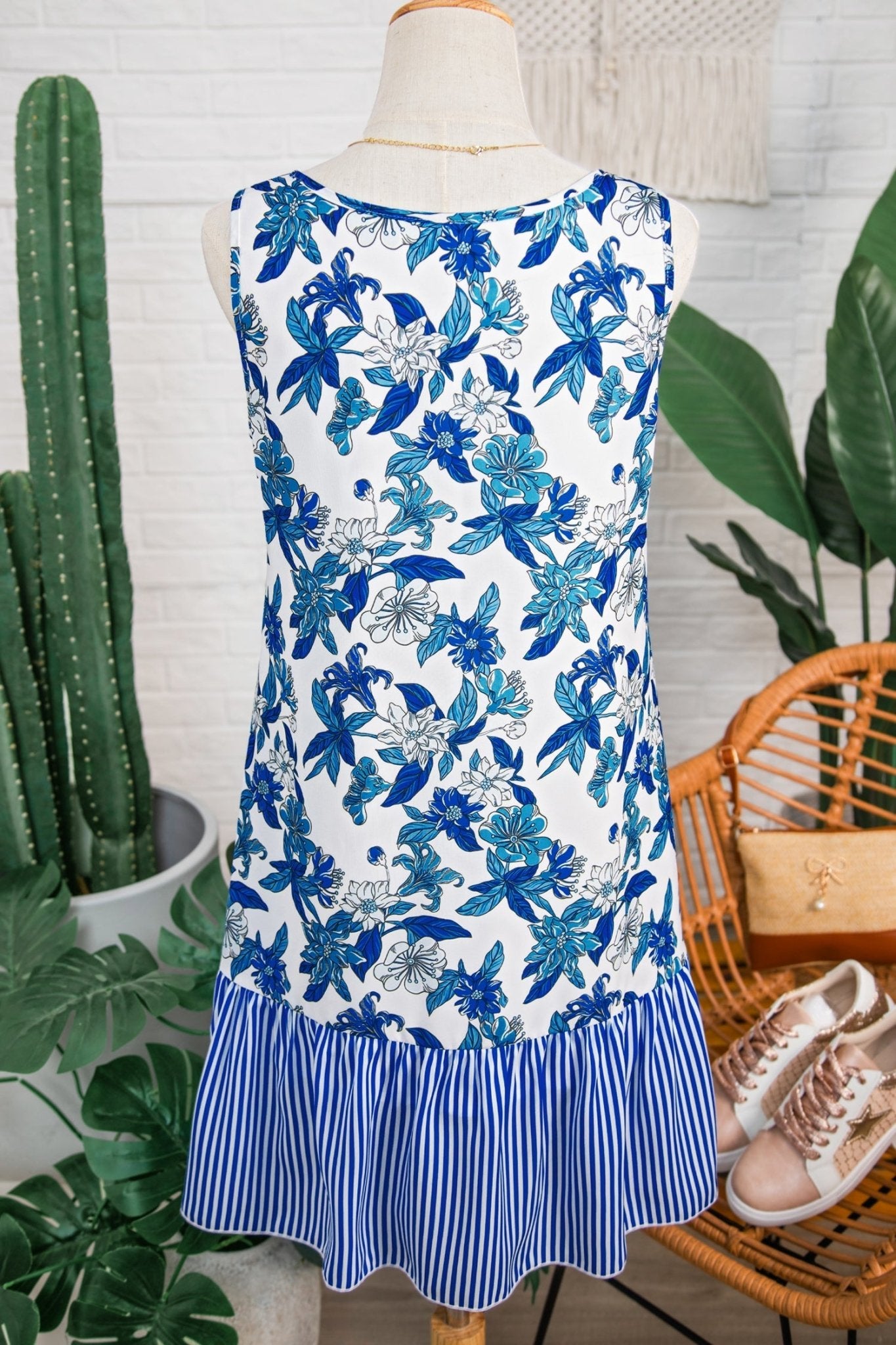 Floral Stripe Patchwork Sleeveless Ruffle Hem Dress - Rooted & Reckless Co.