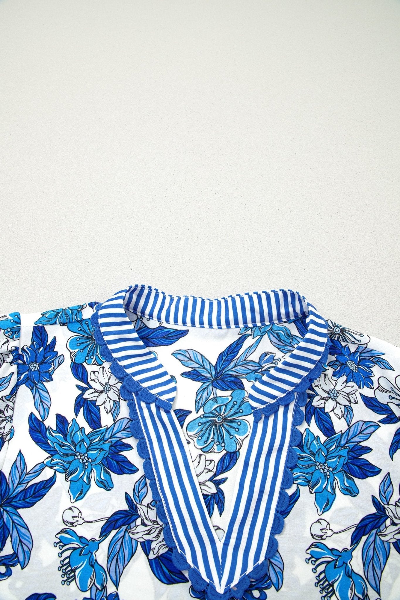 Floral Stripe Patchwork V-Neck Flounce Sleeve Blouse - Rooted & Reckless Co.